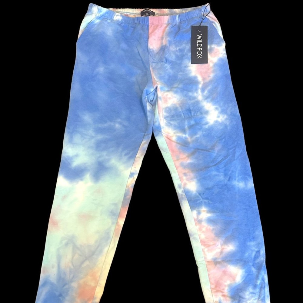 NEW Wildfox Painted Sky Rory Tie Dye Blue Cotton Candy Sweat Pants Medium